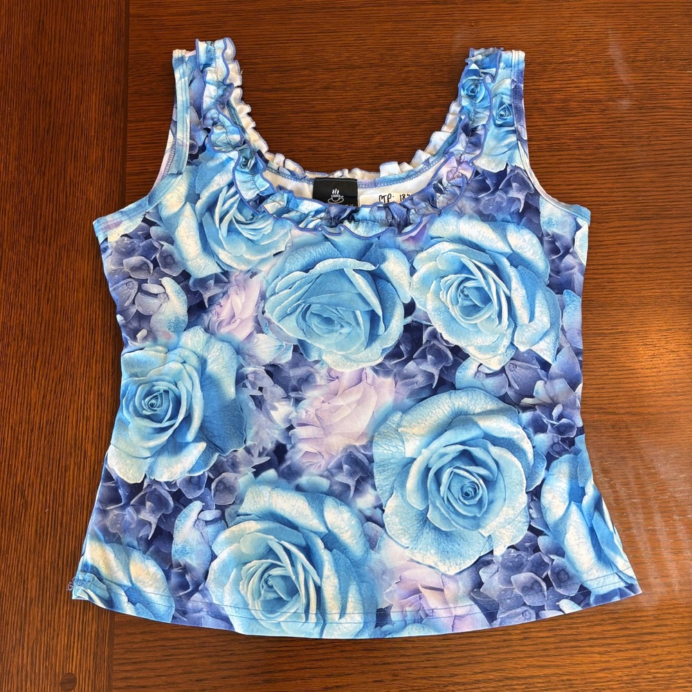 Vintage 90s Anxiety Cafe Womens Blue Rose Floral Ruffle Stretch Tank Top Large